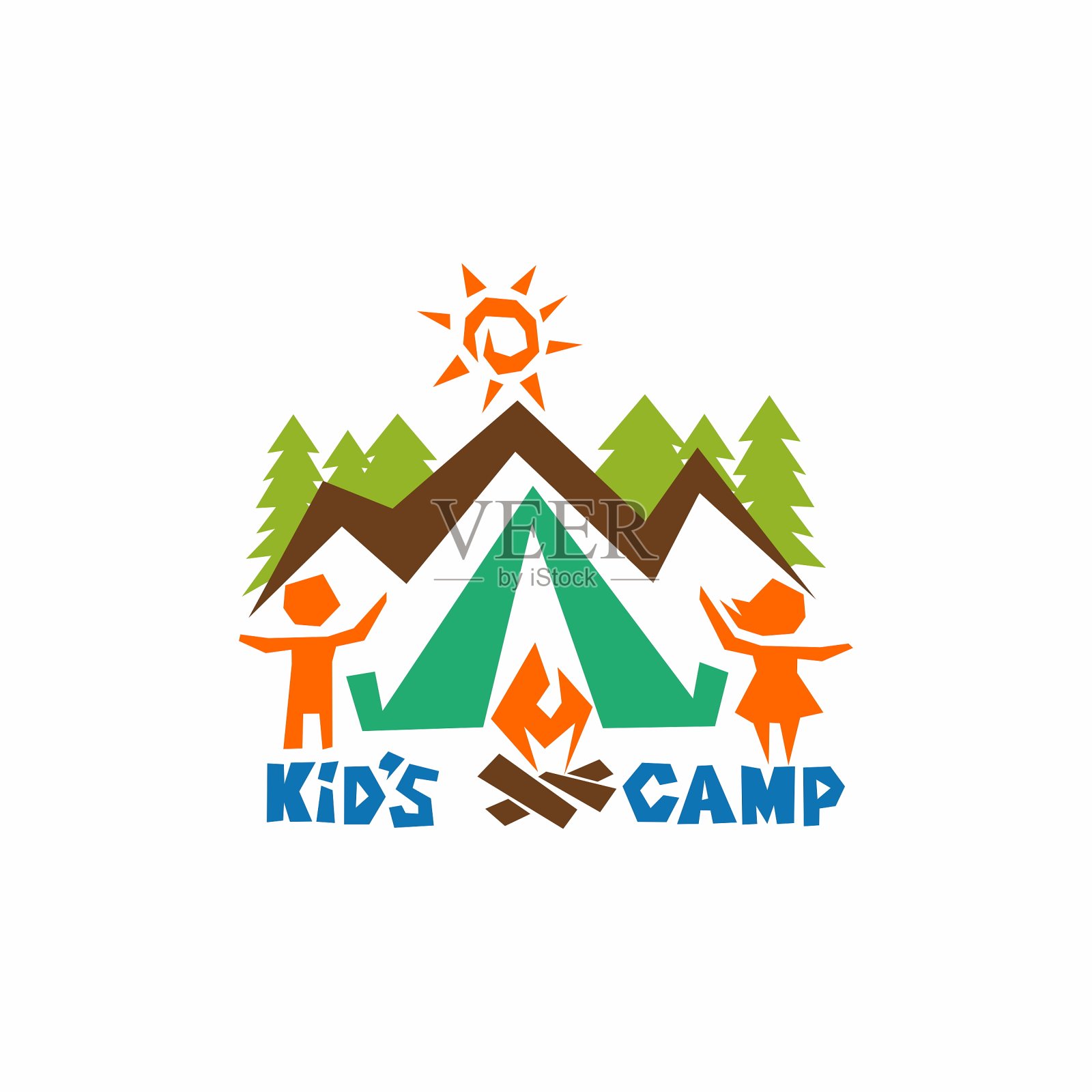 儿童夏令营的标志。山，太阳，帐篷和火，孩子插画图片素材