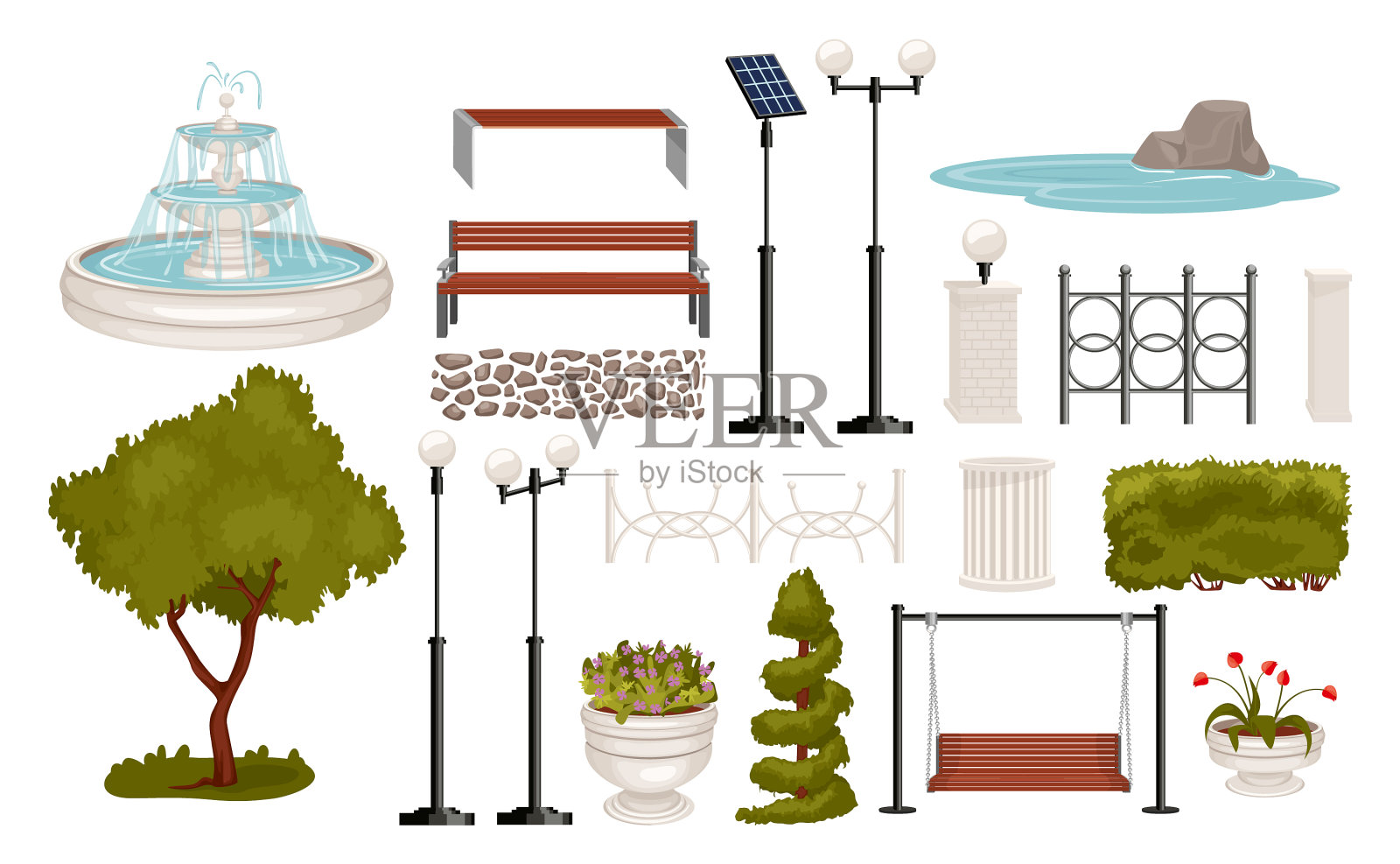 公园建筑元素设置插画图片素材