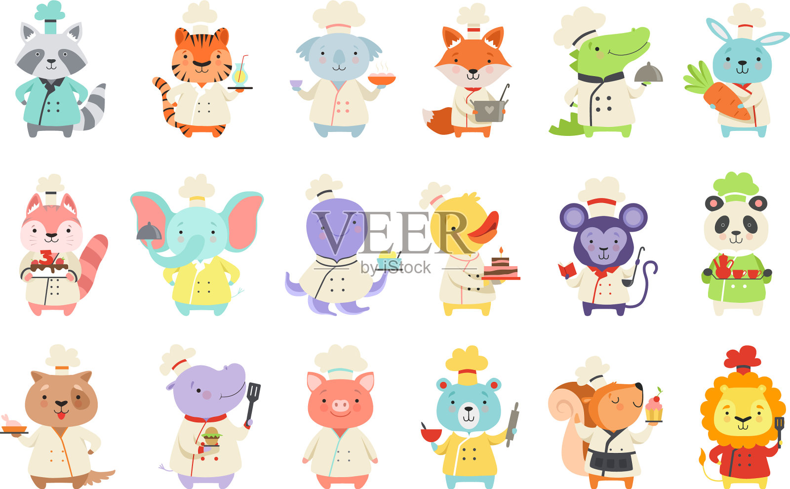 设定可爱的动物角色在厨师制服插画图片素材