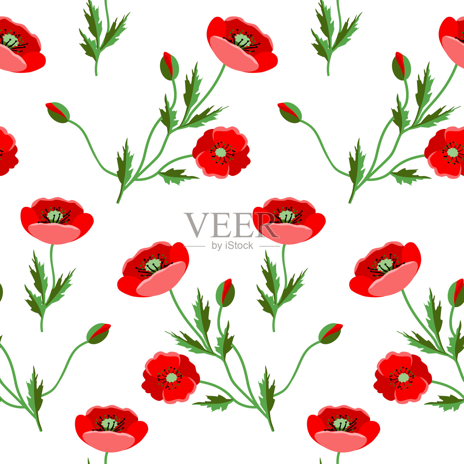 向量-罂粟花排列无缝图案。插画图片素材
