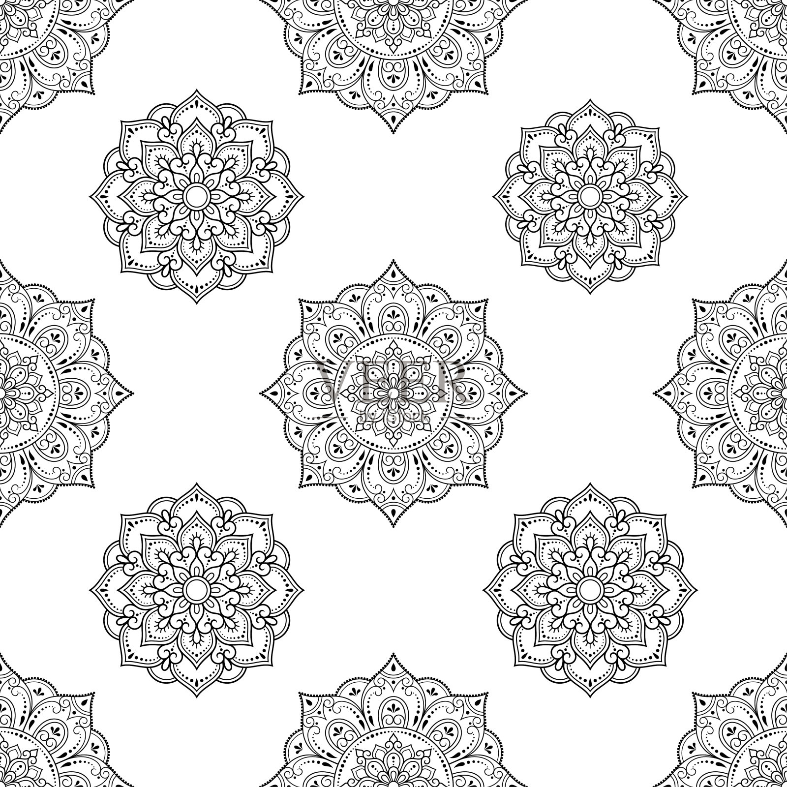 民族东方风格无缝装饰图案。曼荼罗和花朵圆形图案，用于指甲花、曼海蒂、纹身、装饰。涂鸦轮廓手绘矢量图插画图片素材