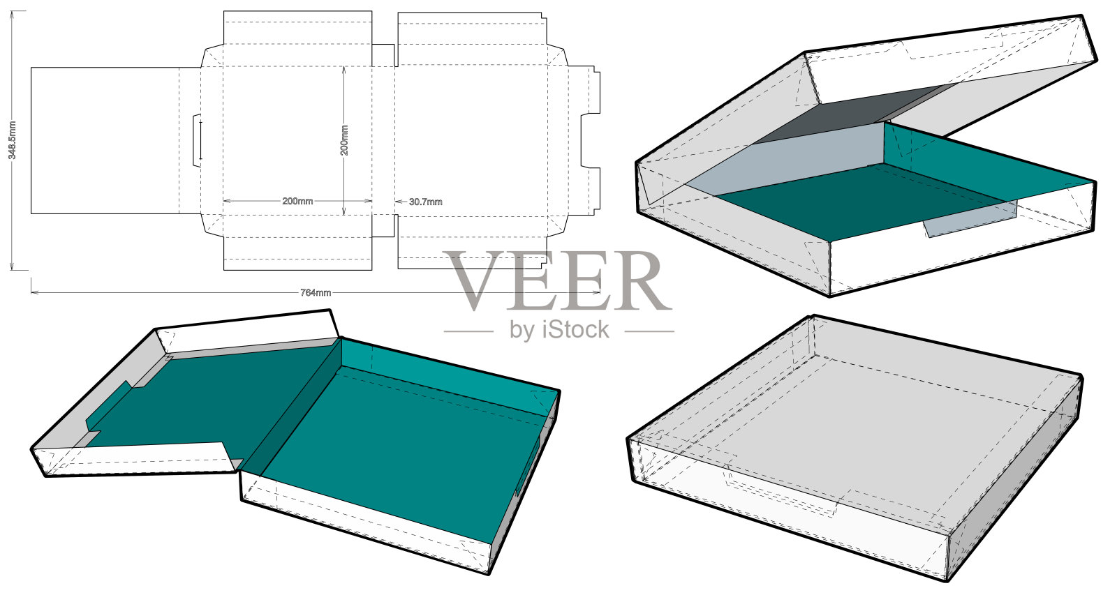 自组装折叠盒。易于组装，不需要胶水(内部尺寸15x10x3cm)。eps文件具有完整的规模和功能。为真正的纸板制作准备。插画图片素材