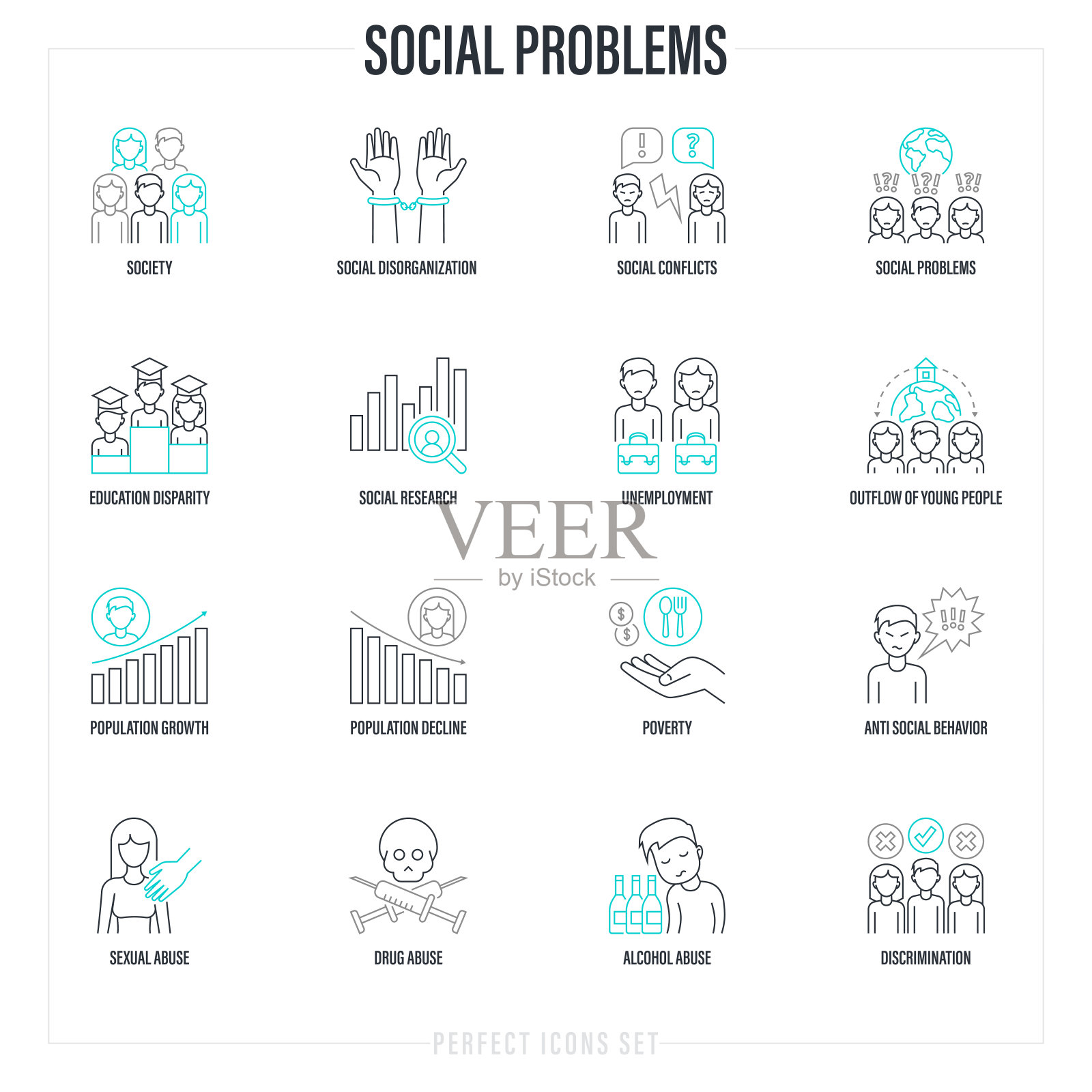 社会问题细线图标设置。不可预测的未来，社会研究，反社会行为，教育差距，失业，青年外流，贫困，性虐待。矢量图图标素材