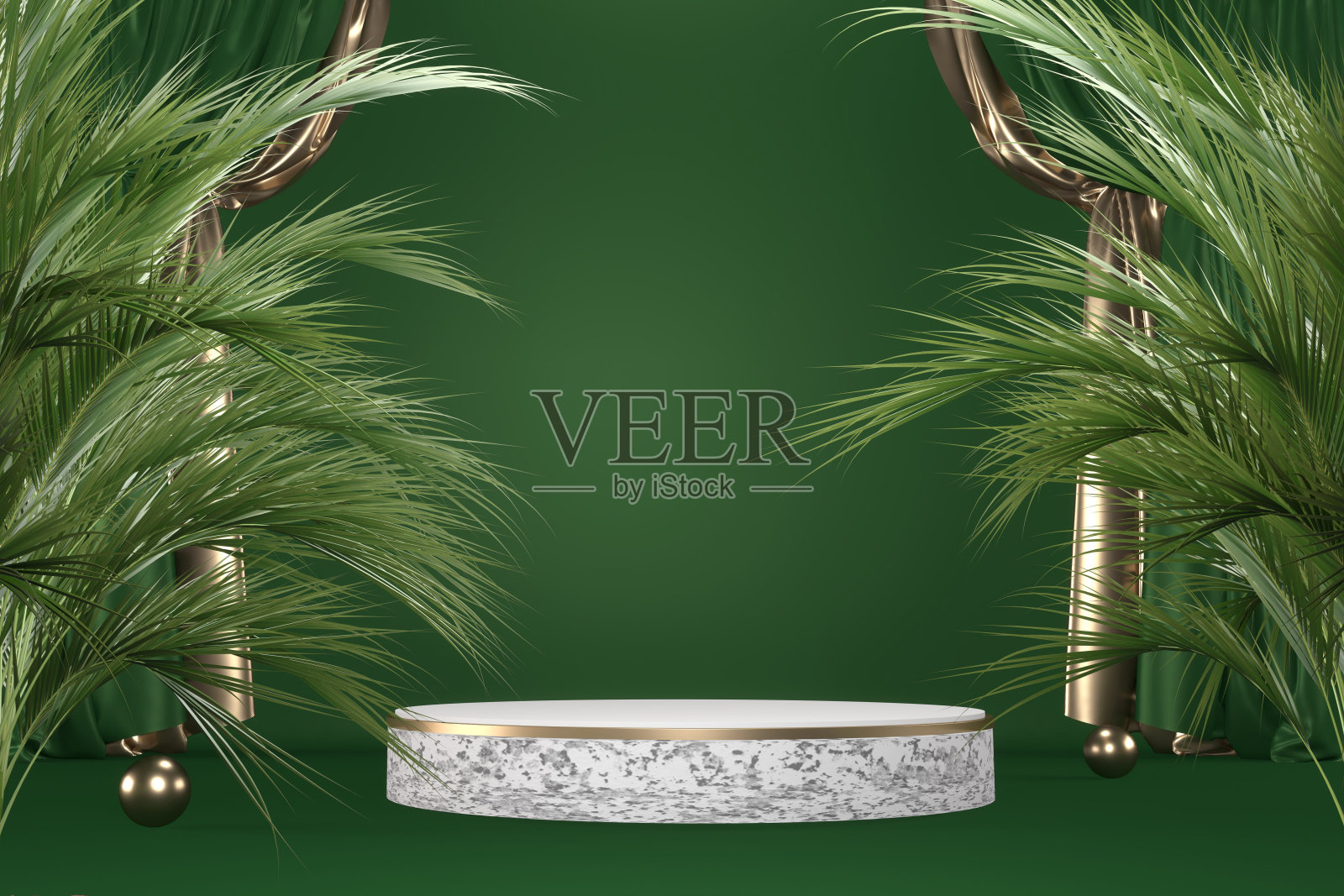 绿色热带花岗岩裙台几何和植物装饰黑色背景。3d渲染照片摄影图片