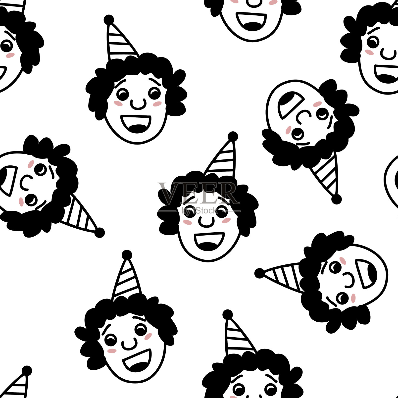 手绘涂鸦风格年轻快乐的男人的脸背景。时尚的黑白矢量无缝图案。插画图片素材