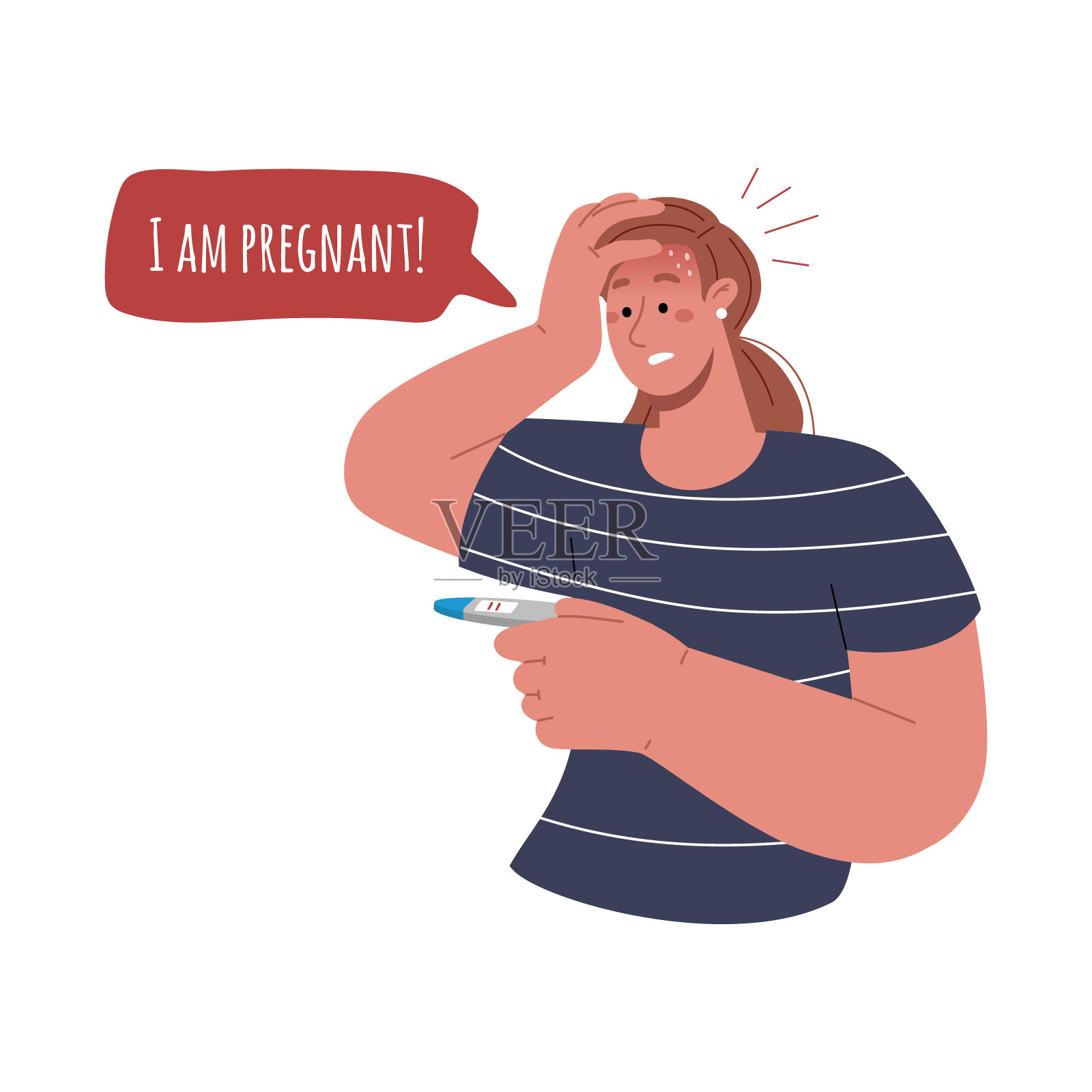 怀孕测试呈阳性的妇女。Unplannend怀孕、震惊、恐惧、悲伤。矢量平面插图。插画图片素材