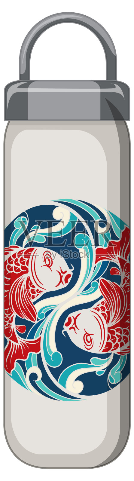 一个带有锦鲤图案的白色保温瓶插画图片素材
