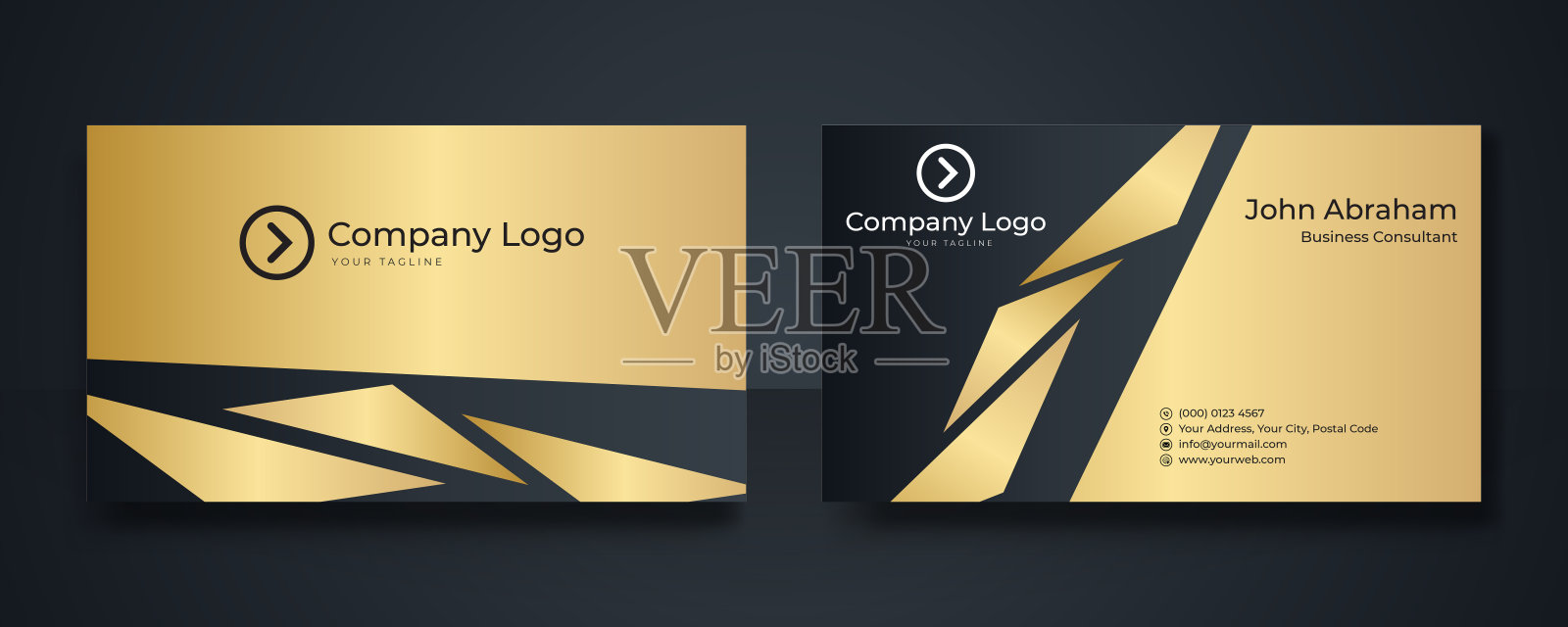 现代名片-创意和干净的名片模板。豪华名片设计模板。优雅的金色黑色背景与抽象的金色元素。矢量图设计模板素材