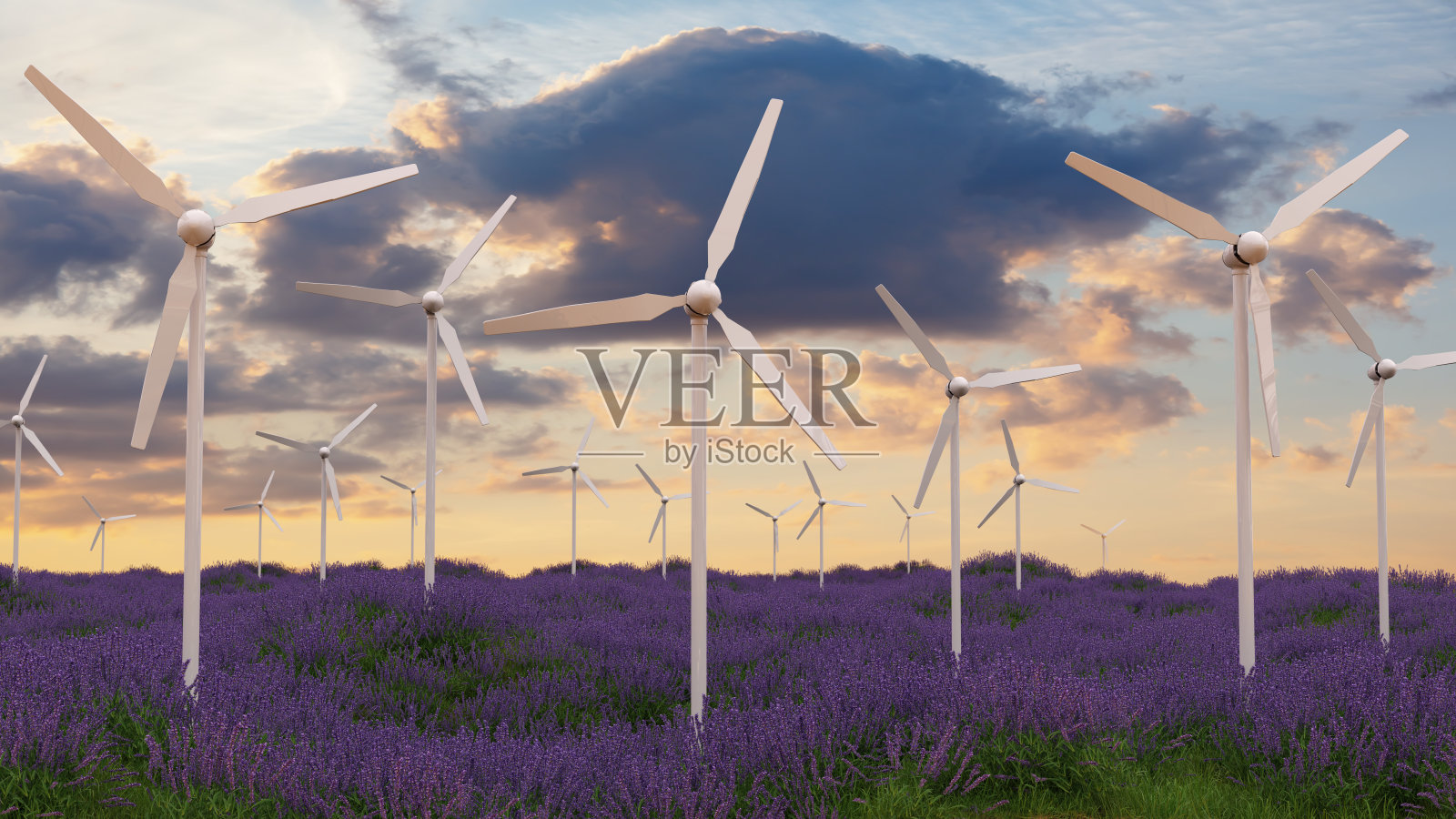 风车能源涡轮机薰衣草田可再生电力3D插图照片摄影图片