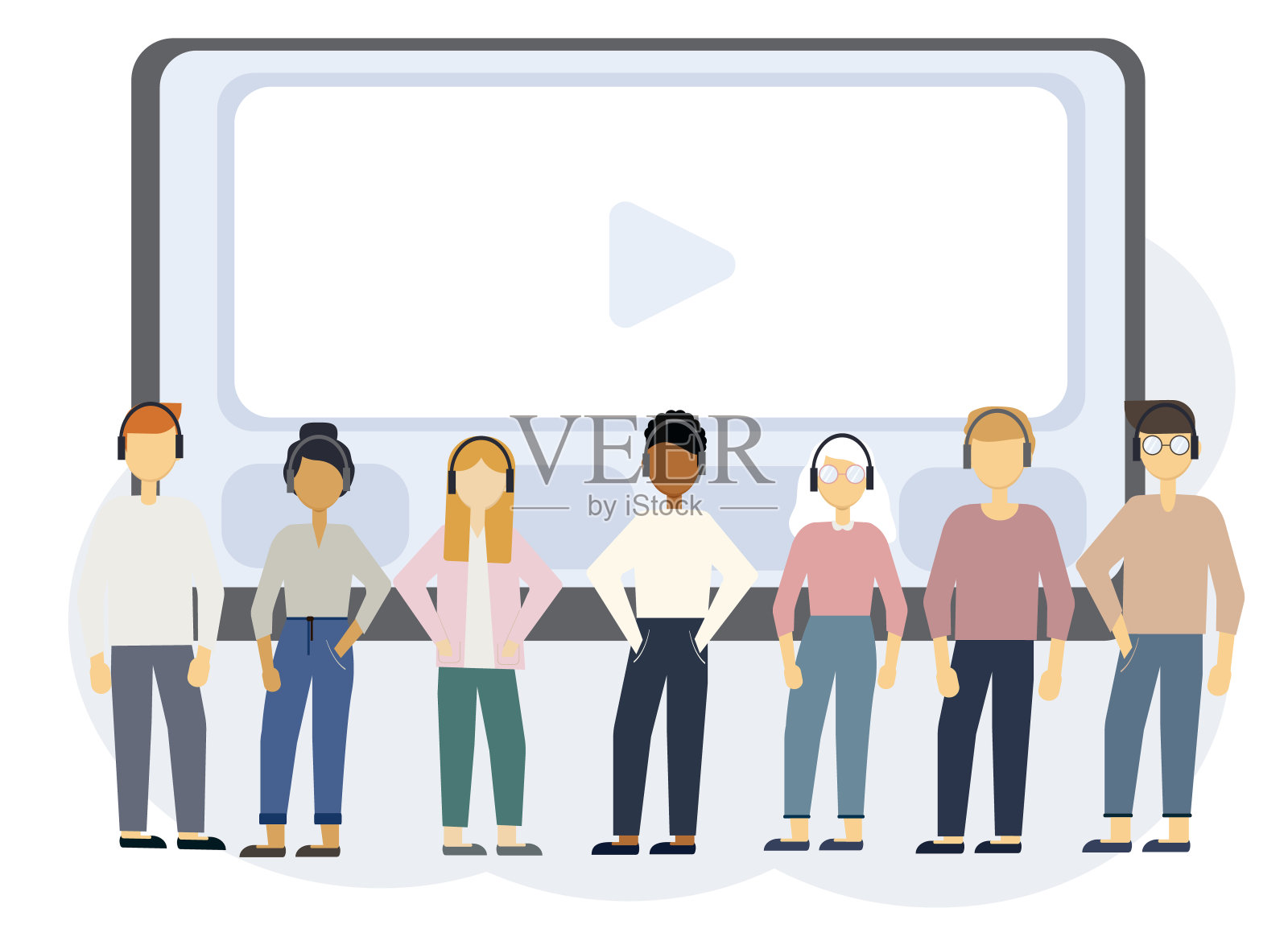 在线教育插图与笔记本电脑显示器和人在耳机插画图片素材