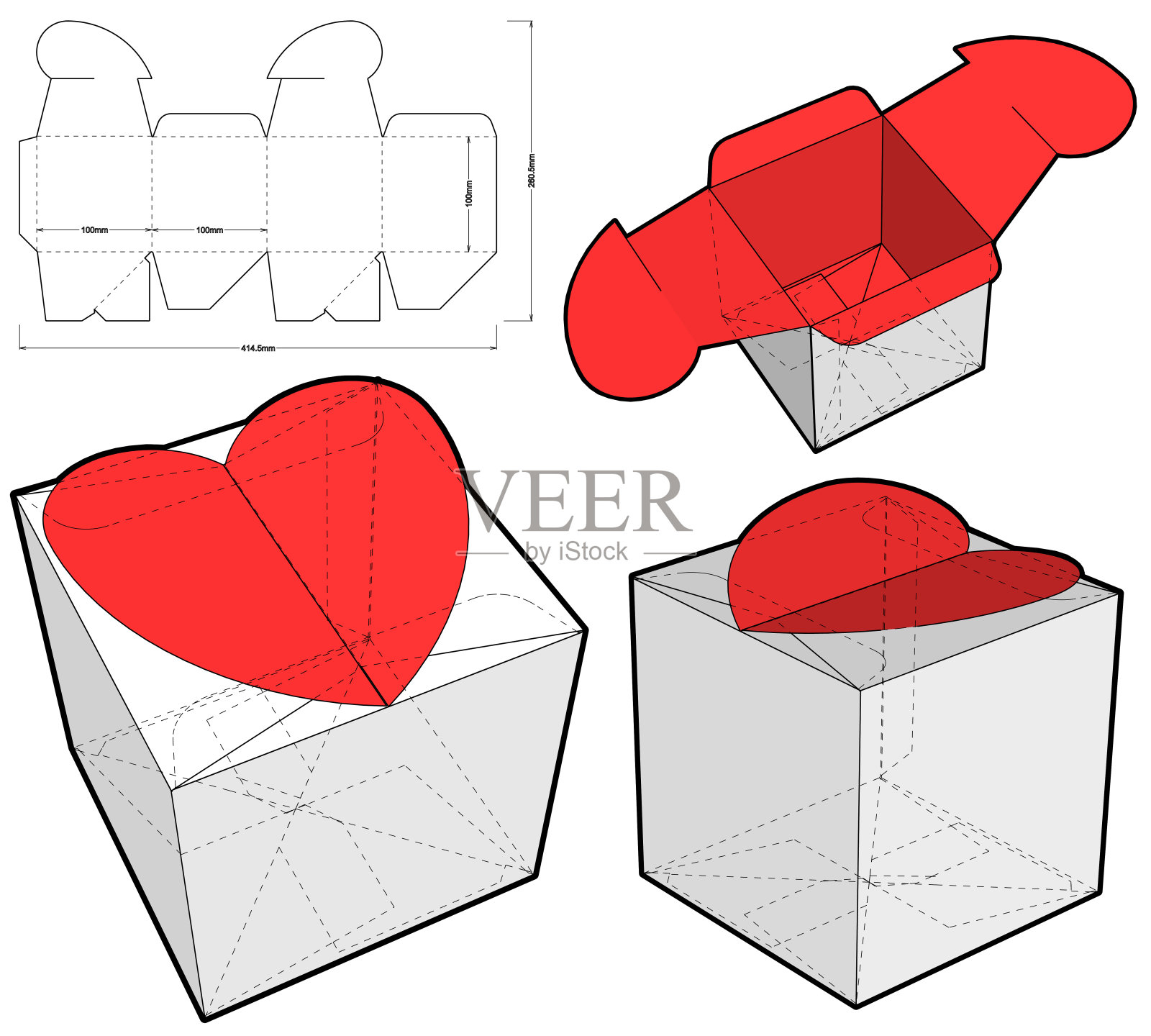 心形礼盒和模切图案。eps文件具有完整的规模和功能。为真正的纸板制作准备。插画图片素材