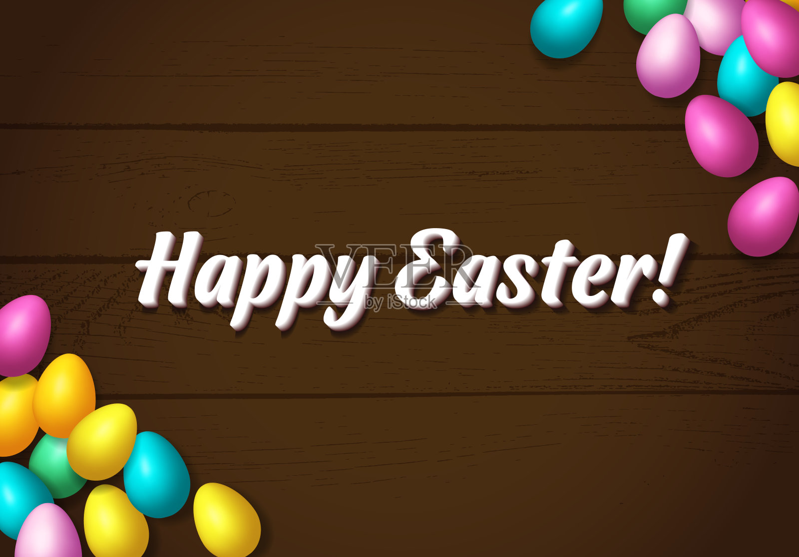 复活节框架与闪亮的彩色快乐蛋散布在木制背景插画图片素材