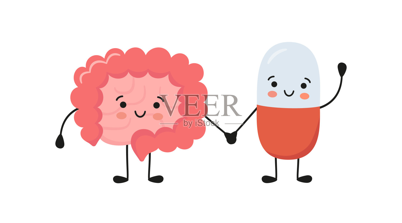 健康肠与快乐笑药丸大字牵手。卡哇伊益生菌胶囊和可爱的肠道特征。肠易激综合症。向量孤立的插图插画图片素材