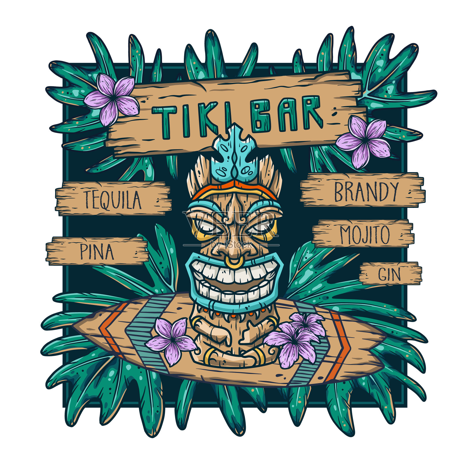 冲浪提基面具夏威夷或偶像民族图腾设计元素图片