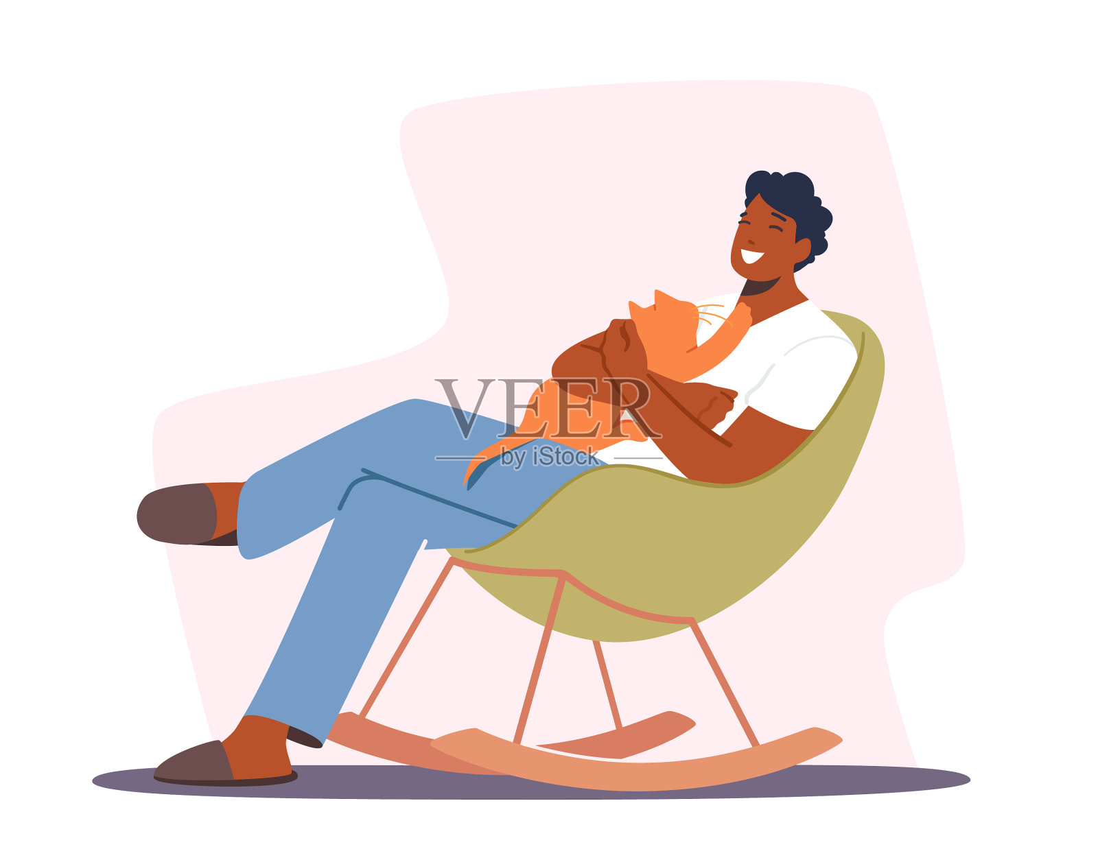 快乐的男人躺在扶手椅上，上面有一只可爱的猫设计元素图片