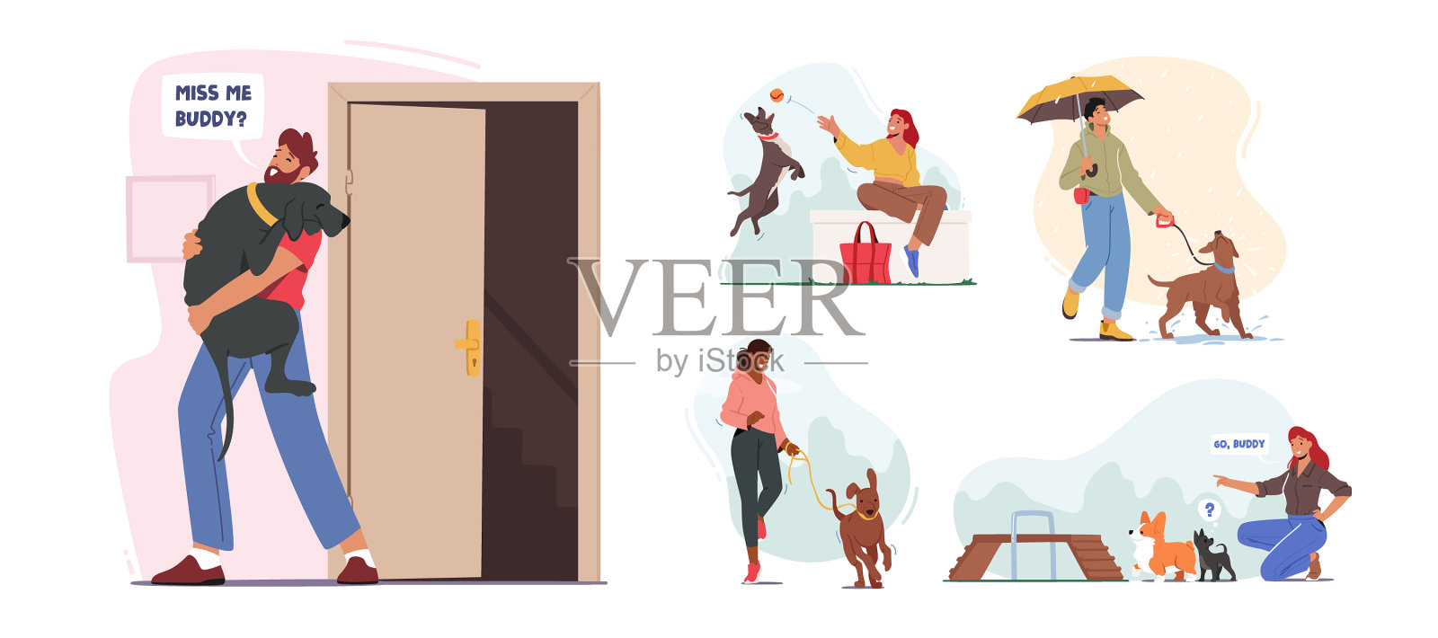 让人们花时间和宠物呆在家里插画图片素材