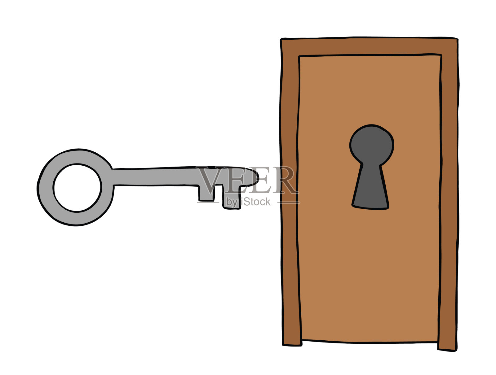 卡通木门上有大钥匙孔和大插画图片素材