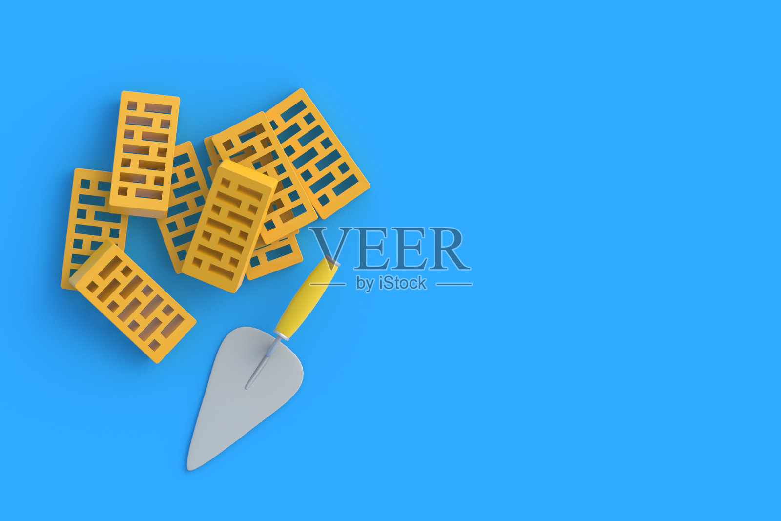 蓝色背景上泥刀附近有穿孔的粘土砖。房屋维修。建筑材料。开发人员服务。前视图。副本的空间。三维渲染照片摄影图片