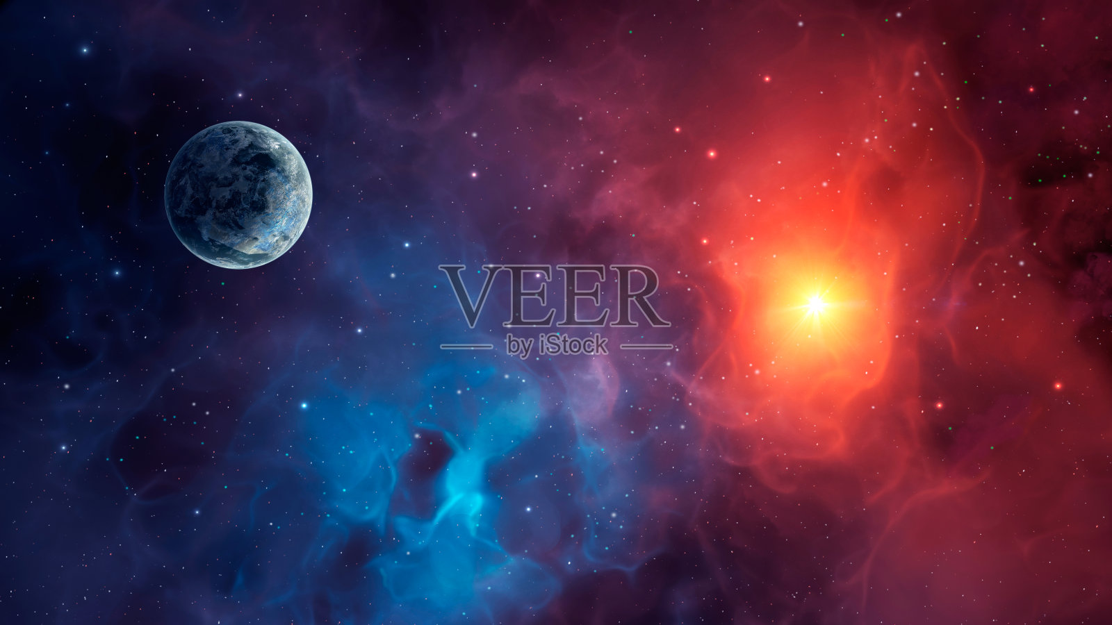 空间背景。行星在五颜六色的星云与恒星照片摄影图片