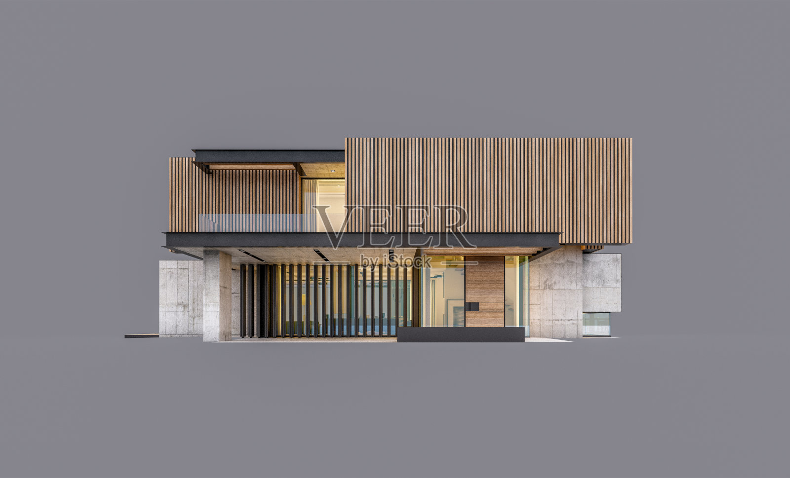 灰色背景现代木质房屋3D渲染照片摄影图片