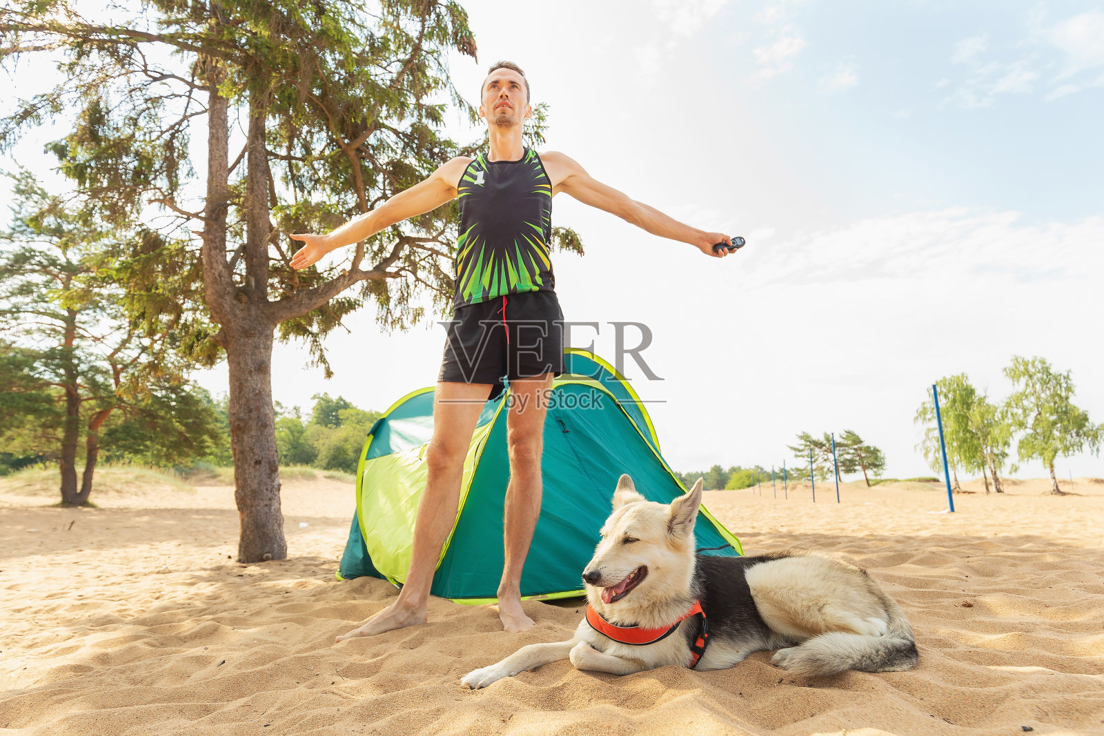 沙滩上，一个男人带着狗在树下的帐篷旁照片摄影图片
