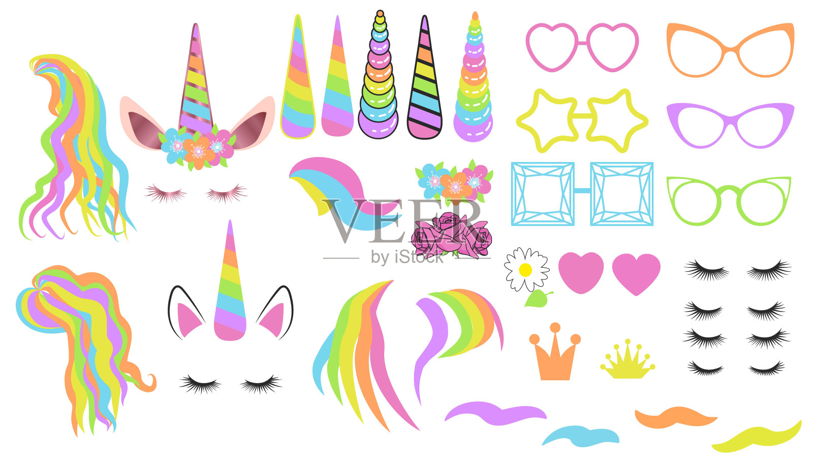 创建你自己的独角兽-大向量集合。独角兽的构造函数。可爱的独角兽的脸。插画图片素材