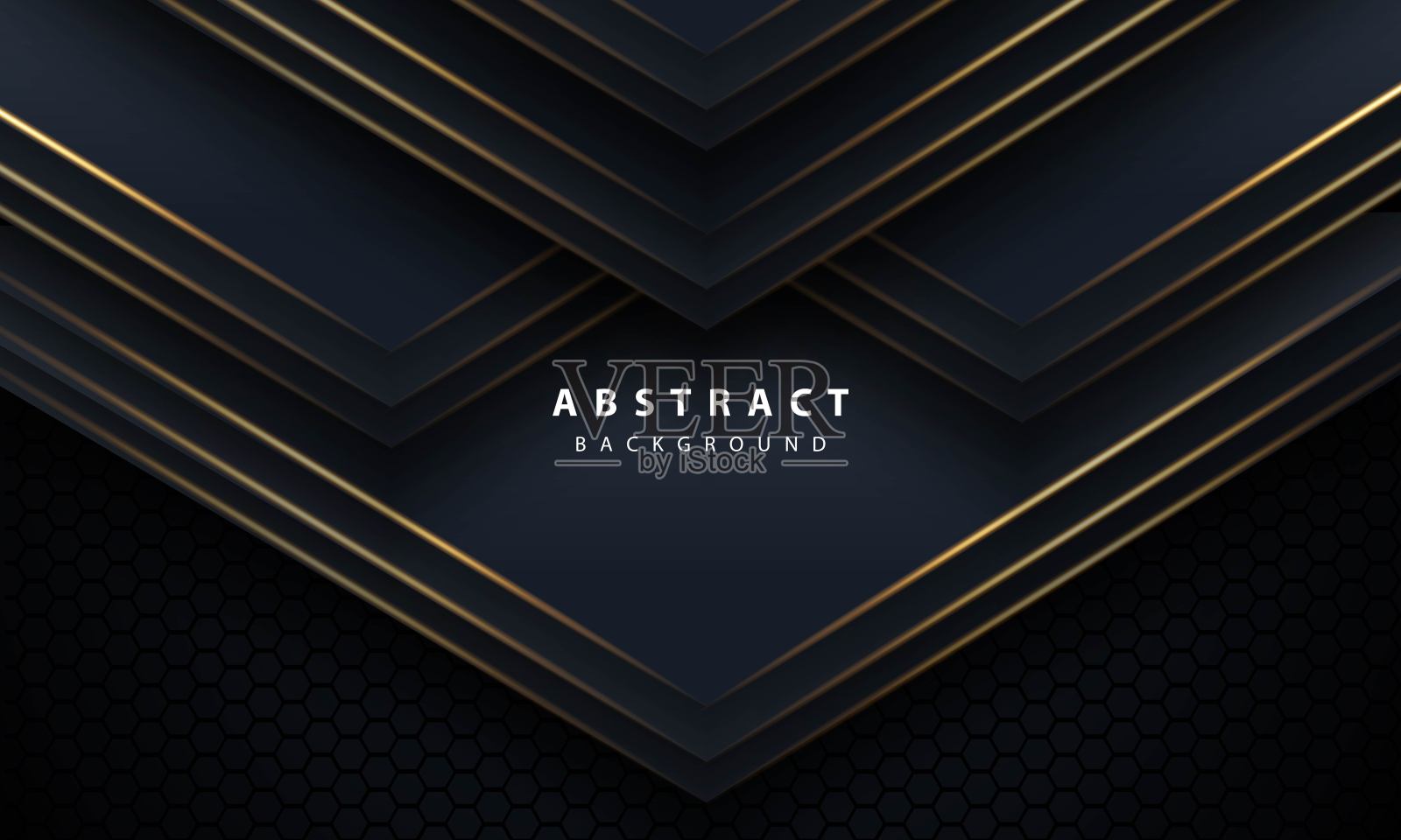 抽象金线箭头在黑色与六边形网格设计现代豪华未来主义技术背景矢量插图。插画图片素材