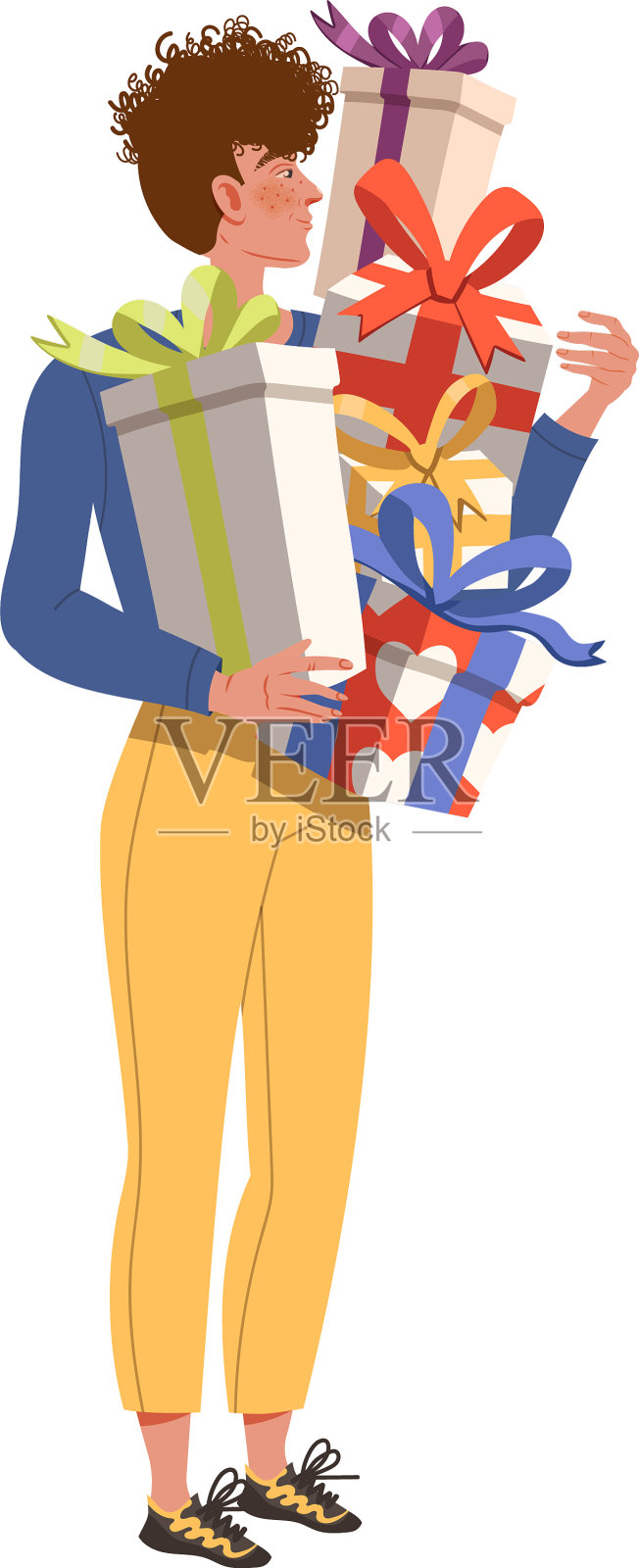 快乐的男人背着一堆包装好的礼品盒插画图片素材