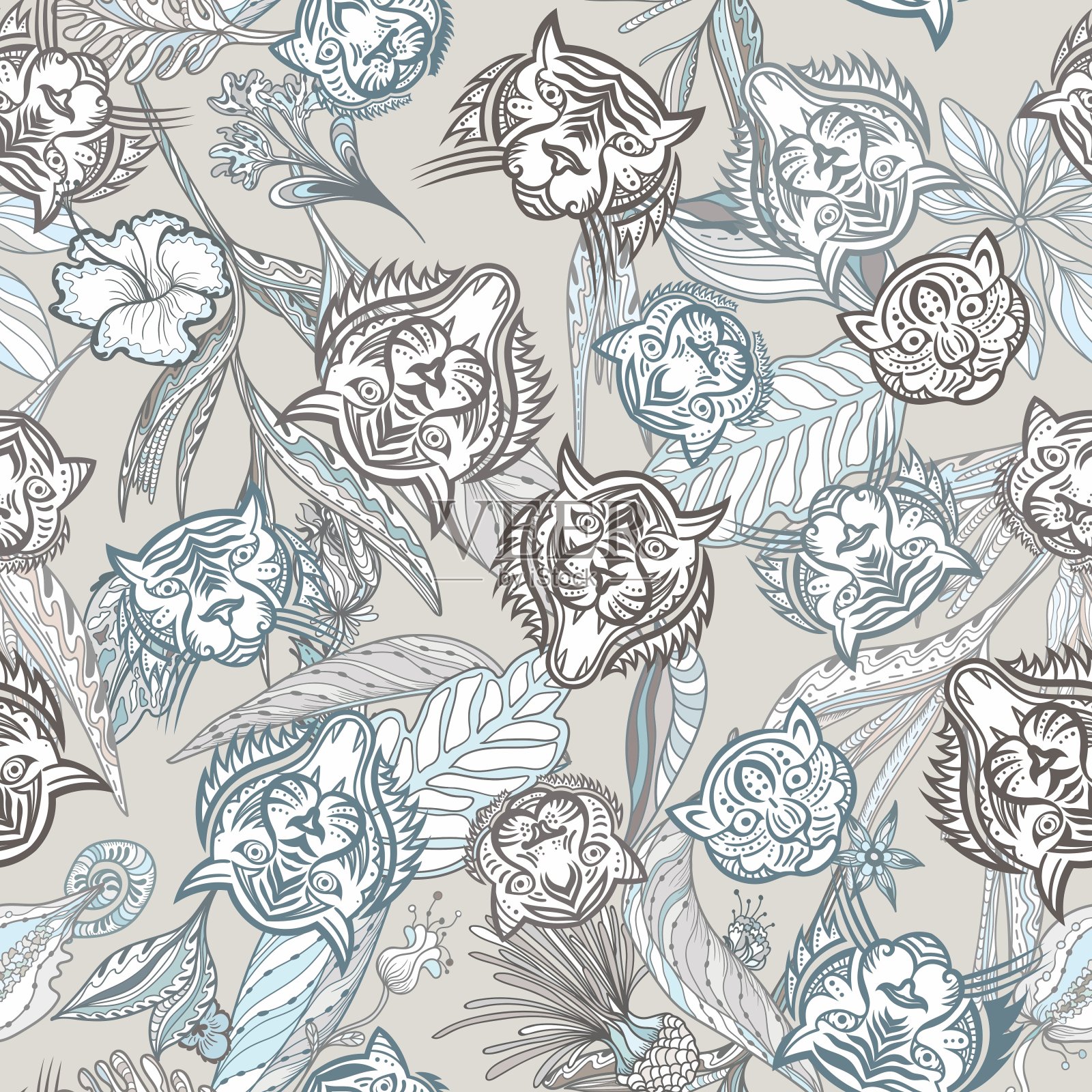 柔和的彩色老虎异域热带无缝纹理插画图片素材