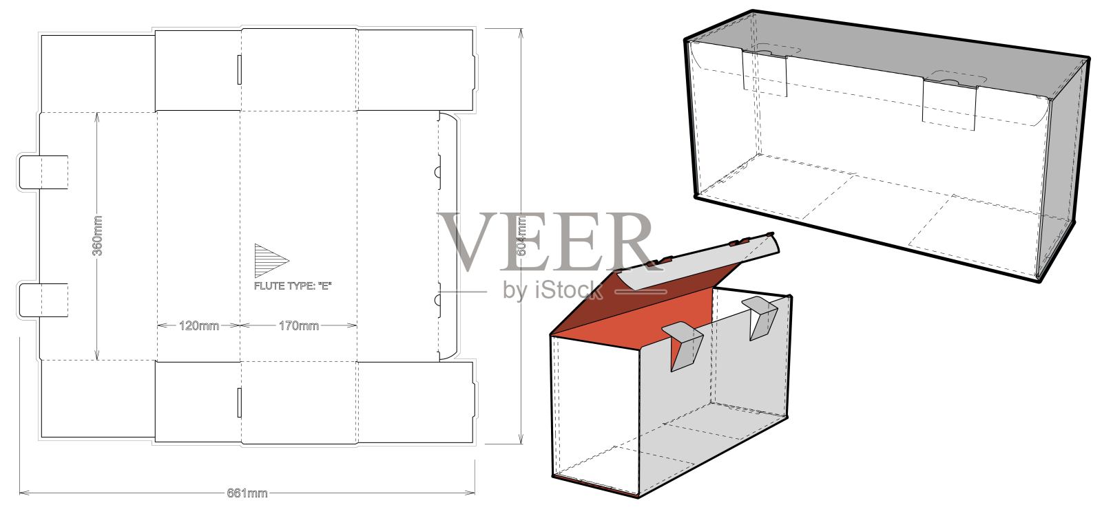 邮政用的纸板箱。(内部尺寸36 x 12 + 17厘米)和模切模式。组装方便，不需要胶水。.eps文件是完整的，功能齐全。插画图片素材