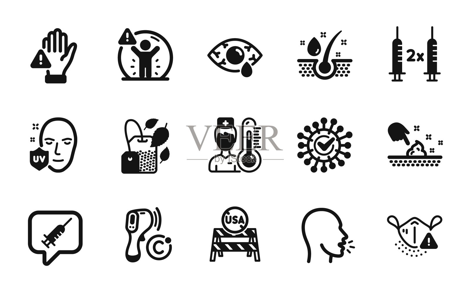 向量集美国关闭边界，皮肤水分和疫苗消息图标简单设置。向量图标素材