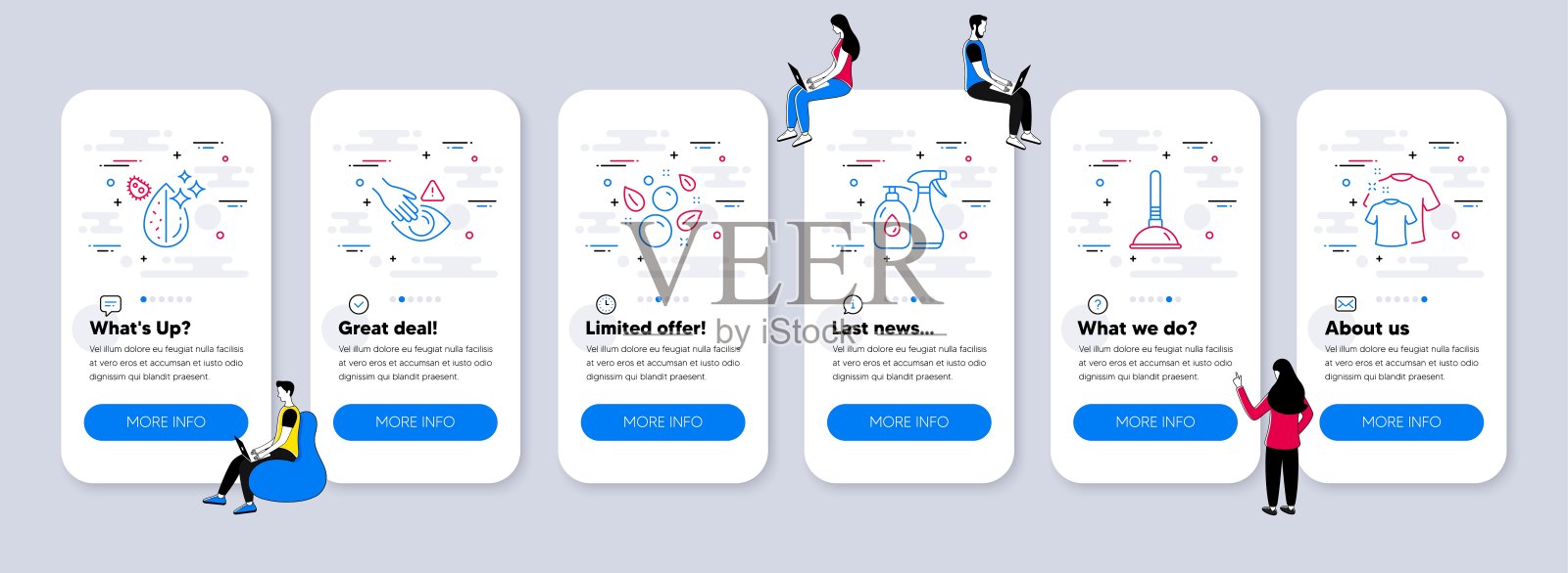 清洁的图标集。包括图标柱塞，清洁液体，清洁泡沫。向量插画图片素材