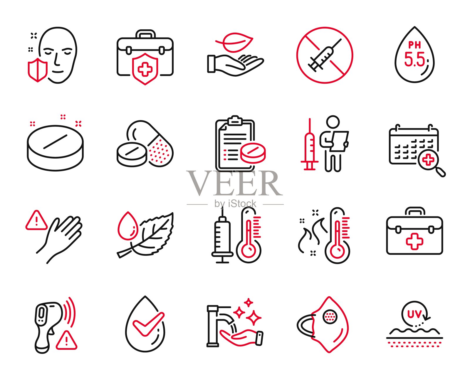 向量集医疗保健图标相关的医疗平板，洗手和医疗保险。向量图标素材
