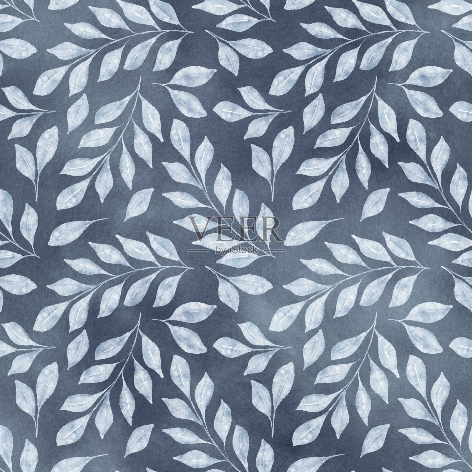 水彩花卉无缝模式与蓝色的叶子和树枝在深蓝色的背景。插画图片素材