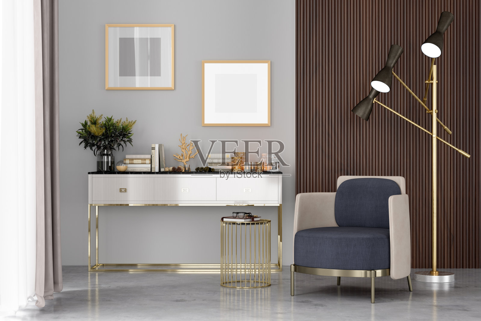 客厅内部有扶手椅，框架模型和落地灯照片摄影图片