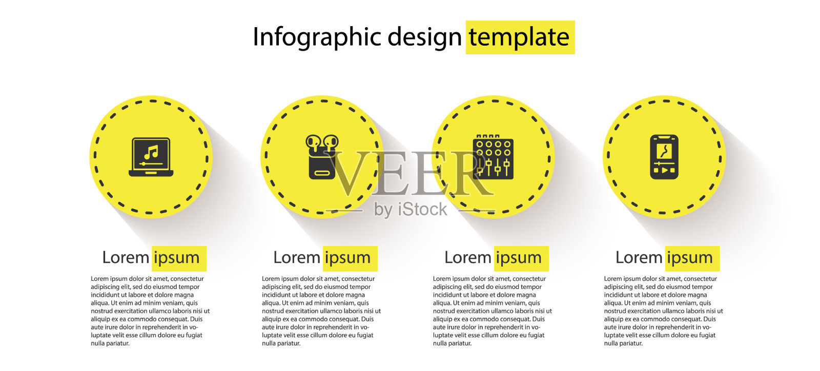 设置笔记本电脑与音乐笔记空气耳机在盒子插画图片素材
