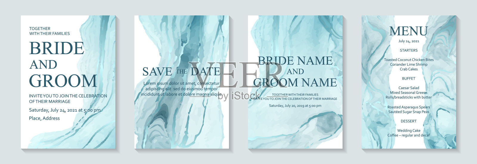 水彩背景与抽象的蓝色墨水波上的白色。插画图片素材