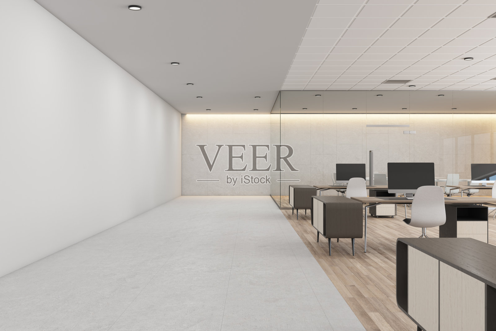 白色混凝土联合办公室内与日光，家具和设备。3 d渲染。照片摄影图片
