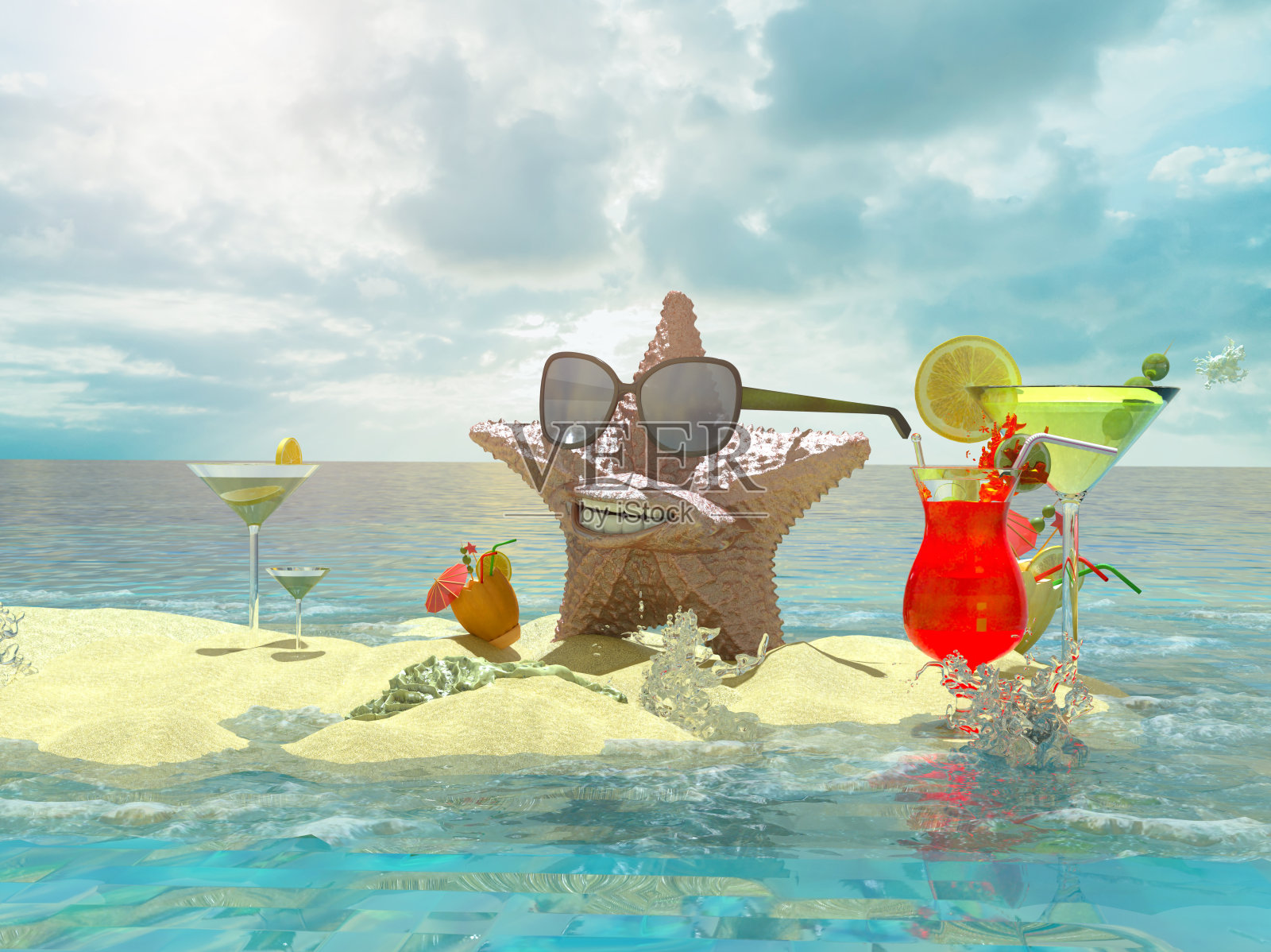 有趣的海星戴着太阳镜在海滩上与海滩鸡尾酒作为娱乐和旅游的象征渲染3d照片摄影图片