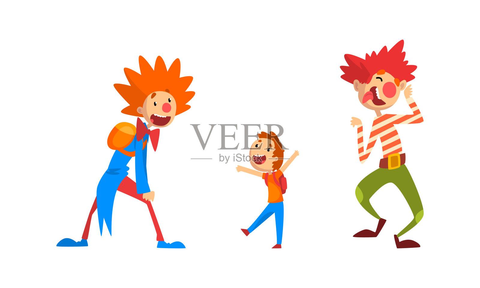 有趣的小丑字符集，娱乐友好的小丑娱乐的孩子在马戏表演矢量插图插画图片素材