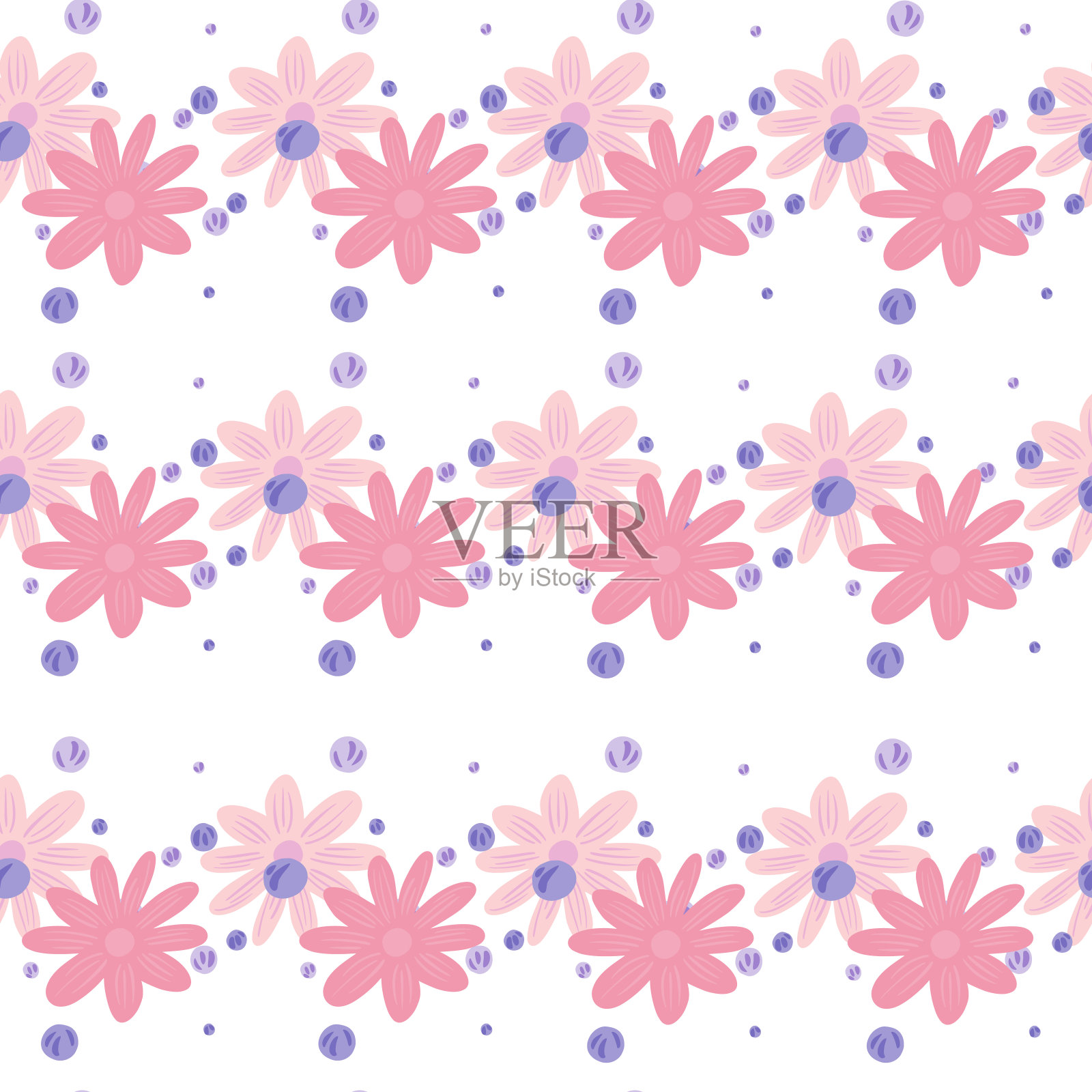 独立的花朵无缝图案与粉红色可爱的小花朵元素。白色背景。手绘的风格。插画图片素材