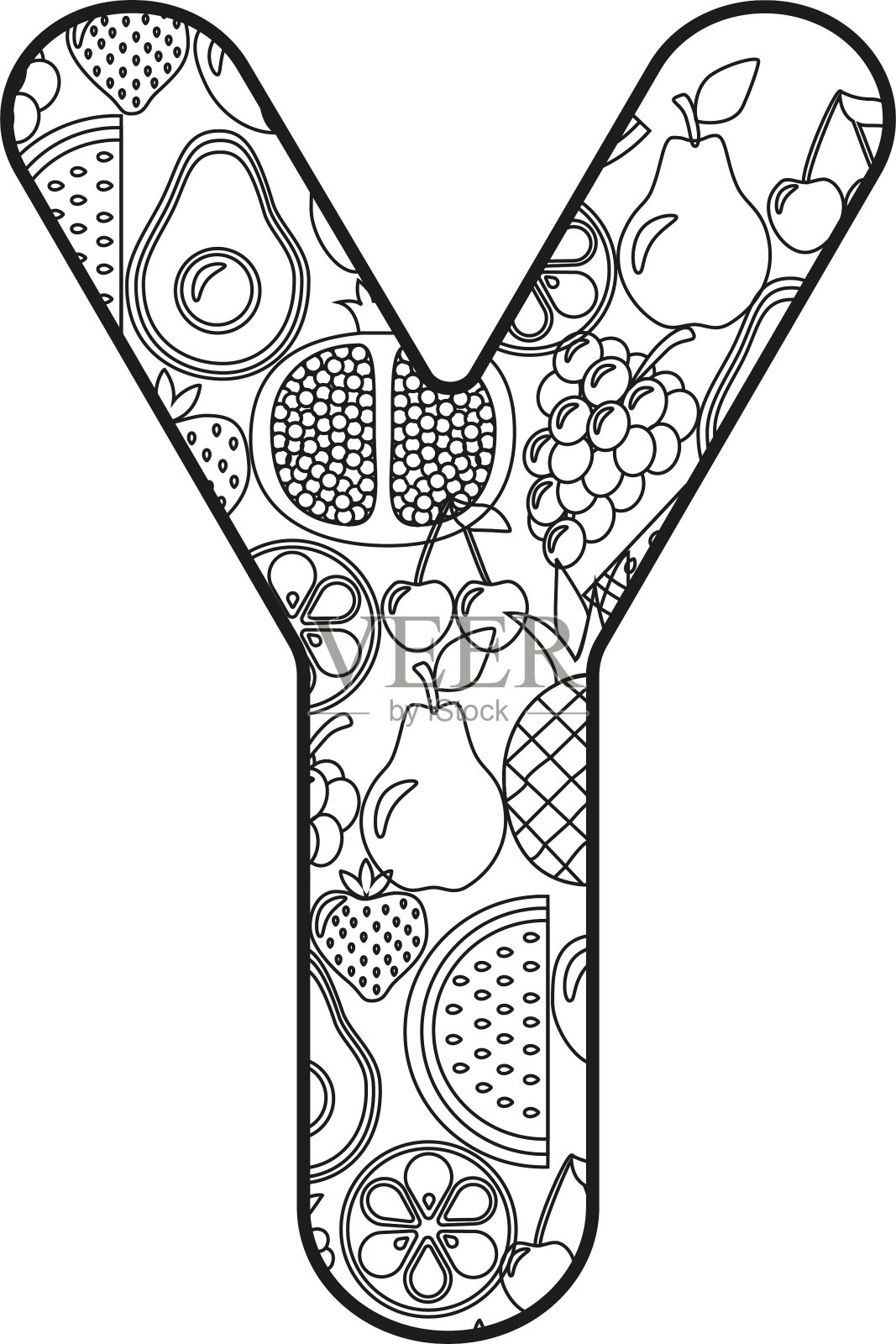 手绘几何装饰字母。简单的黑色大纲ABC插图着色页，墙纸，印刷品，卡片，海报。水果，蔬菜与字母在白色孤立的背景。设计元素图片