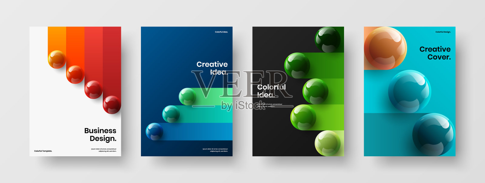 生动的三维球体年报布局束。现代小册子A4矢量设计概念构成。插画图片素材