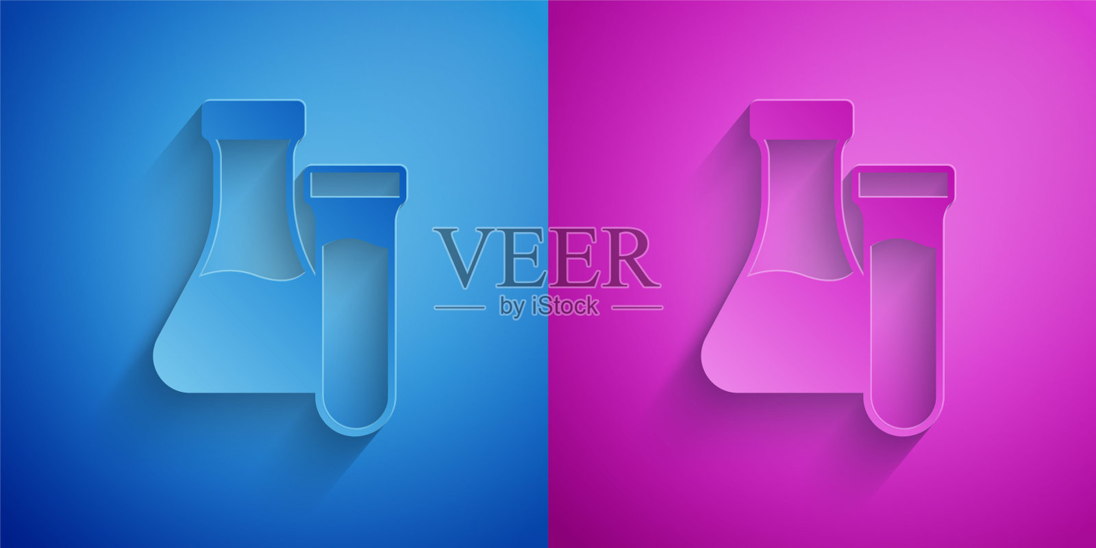 纸割试管和烧瓶化学实验室测试图标分离在蓝色和紫色背景。实验室玻璃器皿。纸艺术风格。向量插画图片素材