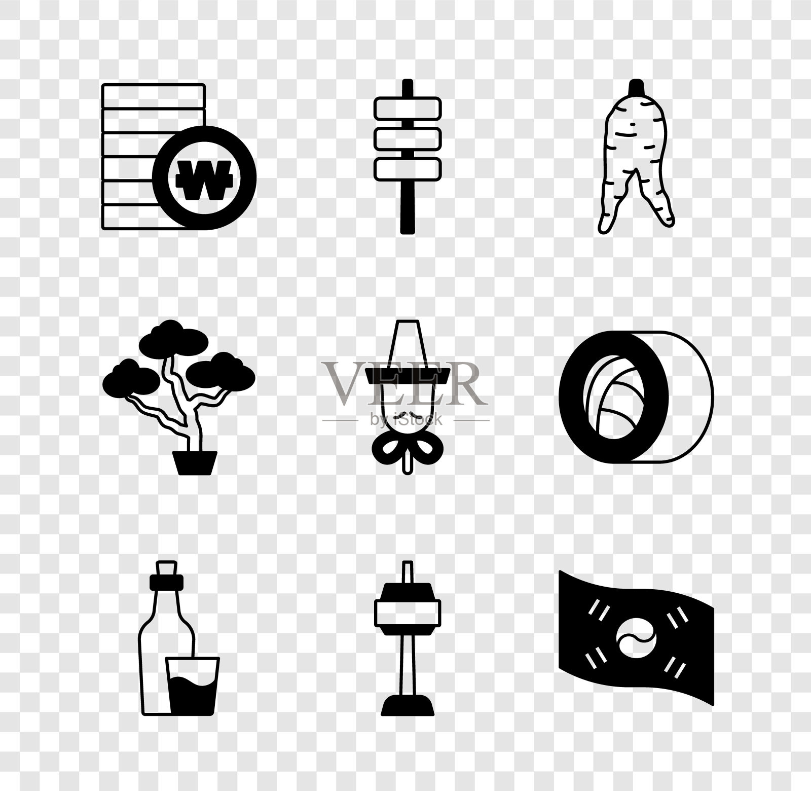 设置韩币、食物托钵、人参、烧酒瓶、N首尔塔、国旗、盆景树和帽子图标。向量图标素材