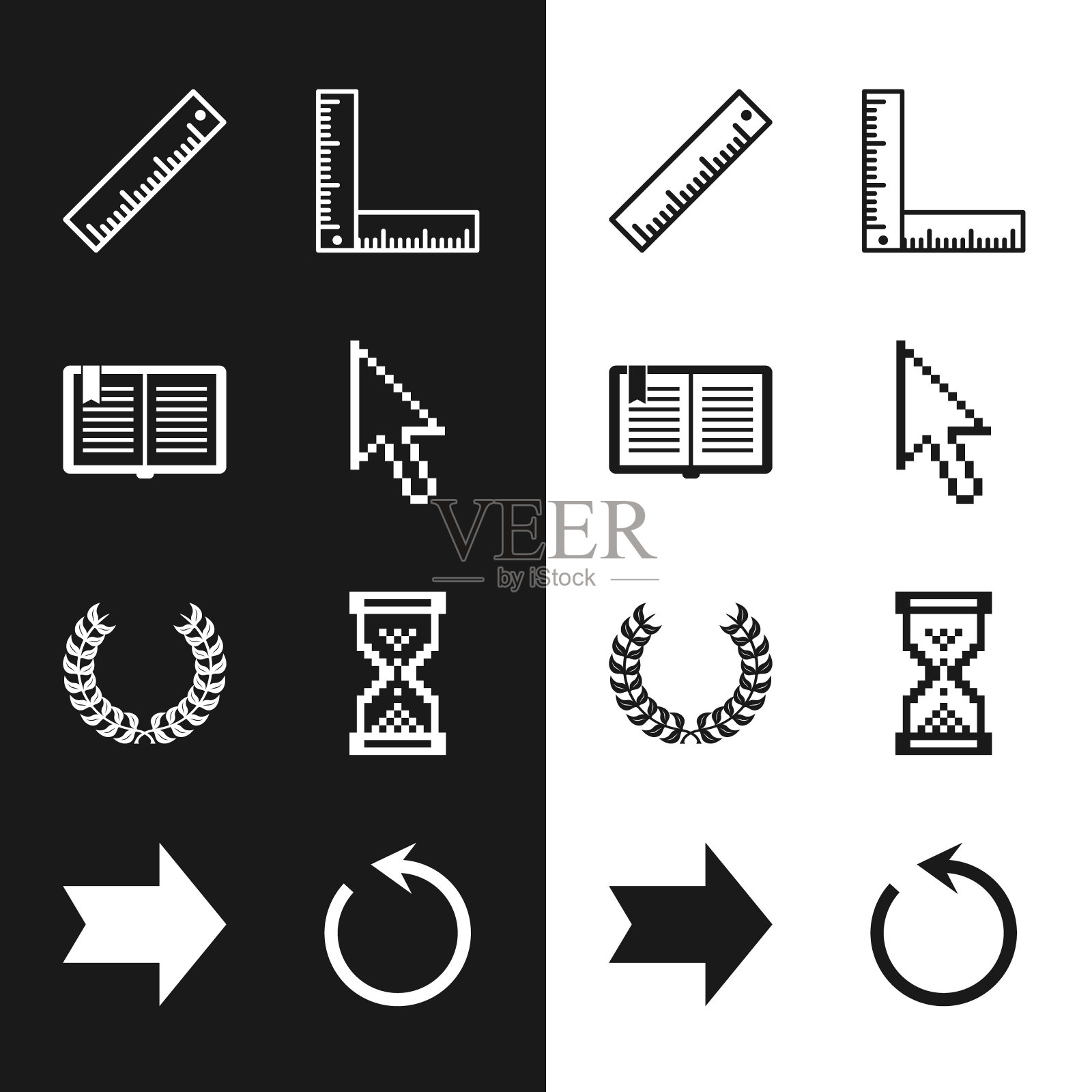 设置像素箭头光标，打开书，标尺，折叠尺，月桂花环，沙漏像素，刷新和箭头图标。向量图标素材