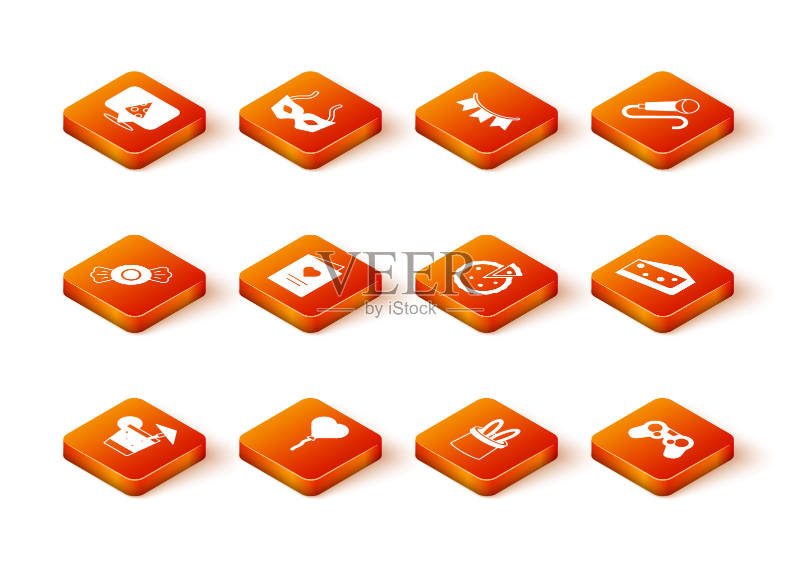 集合鸡尾酒，心形气球，糖果，明信片，魔术师帽子兔子耳朵，自制派，手柄和蛋糕图标。向量图标素材