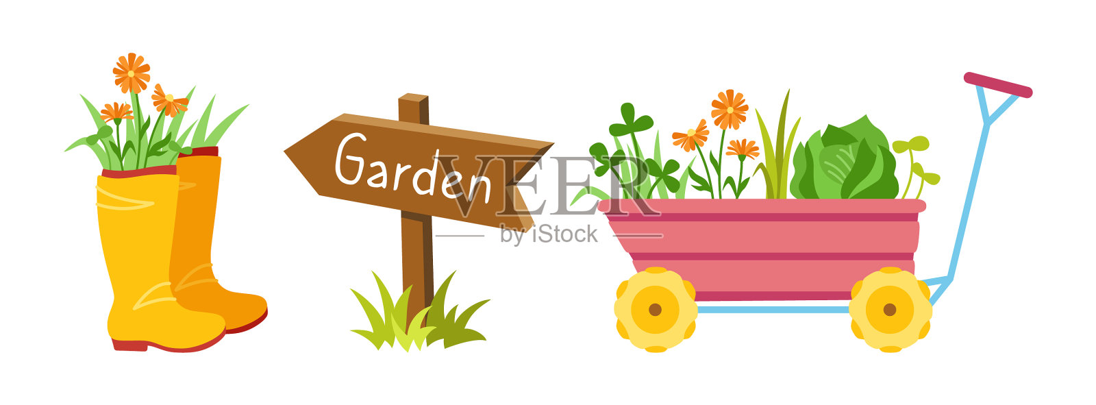 花园工具卡通集推车靴子箭设计元素图片