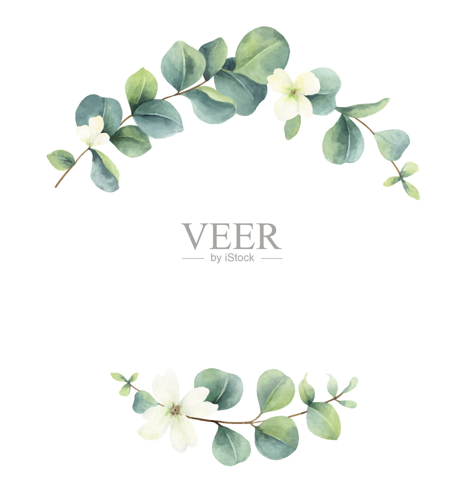 水彩花环绿枝又绿插画图片素材