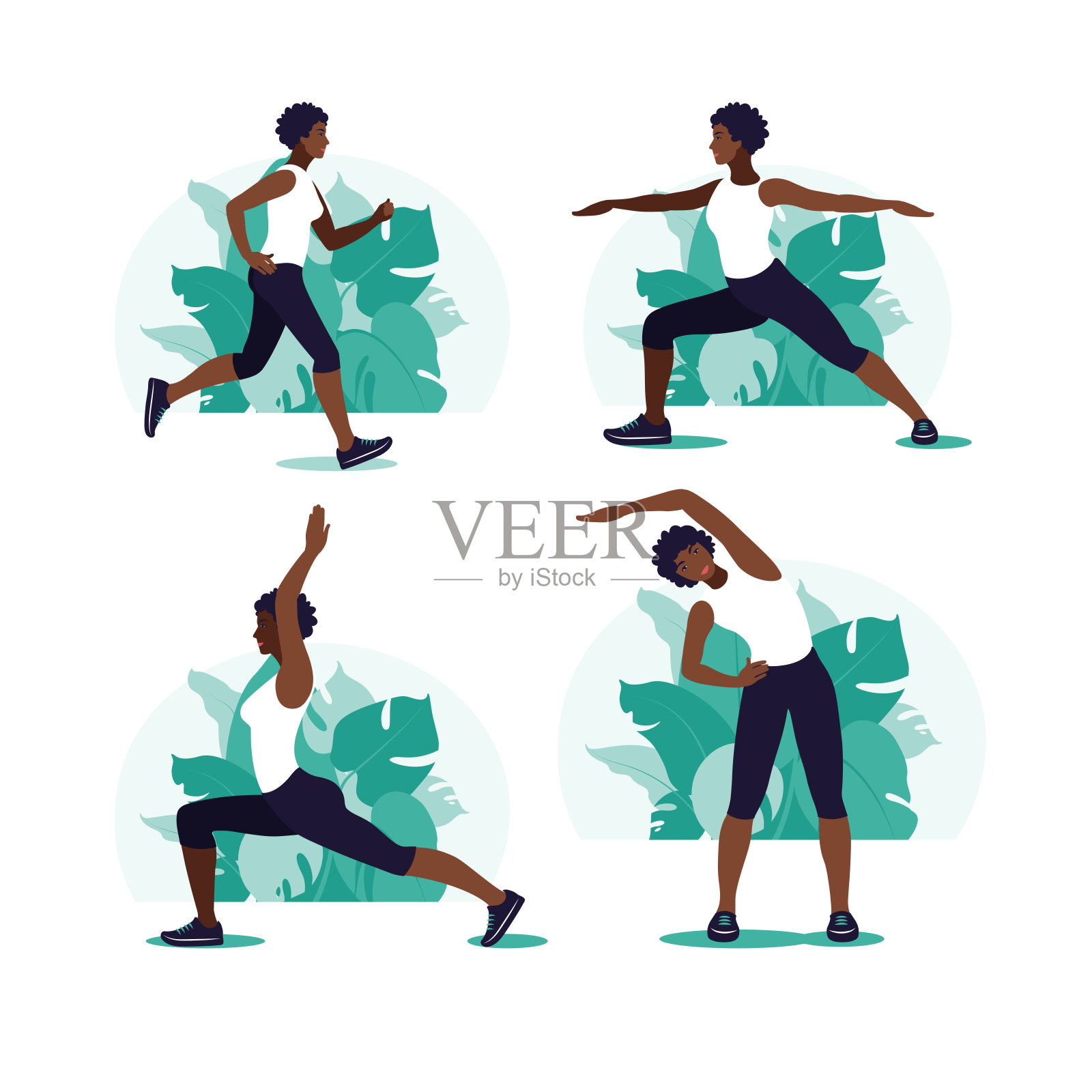 非洲妇女在公园里锻炼。户外运动。健康的生活方式和健身理念。平面风格的矢量插图。插画图片素材